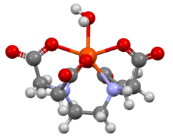 Structure of [Fe(EDTA)(H2O)]−, showing that the EDTA4− ligand does not fully encapsulate Fe(III), which is seven-coordinate[27]