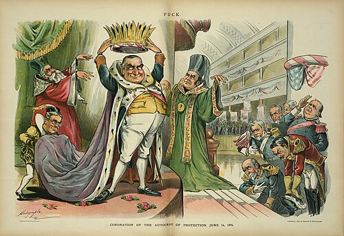 Louis Dalrymple cartoon from Puck magazine, June 24, 1896, showing McKinley about to crown himself with the Republican nomination. The "priests" are Hanna (in green) and Representative Charles H. Grosvenor (red); H. H. Kohlsaat is the page holding the robe.