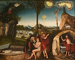 Moses and Elijah point the sinner looking for God's salvation to the cross to find it, a Lutheran ideal known as the Theology of the Cross.