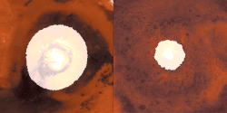 Rendering of the change of CO2 ice (not water ice) coverage on the north (left) and south (right) poles of Mars between northern and southern summer.