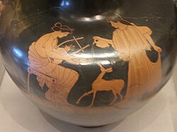 Detail of an Attic red-figure hydria depicting Apollo and Artemis. 480–450 BCE by the Pan Painter. Legion of Honor (museum), San Francisco.