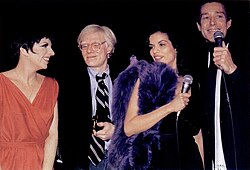 Warhol with Liza Minnelli, Bianca Jagger, and Halston at the Studio 54 first anniversary party, 1978