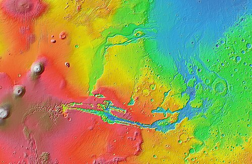 Topographic map of Valles Marineris with its associated outflow channels and their surroundings, based on MOLA altimetry data