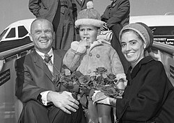 Annie and John Glenn arriving at Schiphol Airport, Amsterdam. 1965