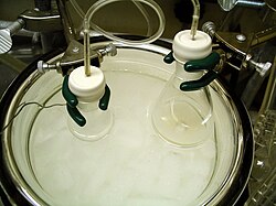 A cannula is used to transfer THF from the flask on the right to the flask on the left.