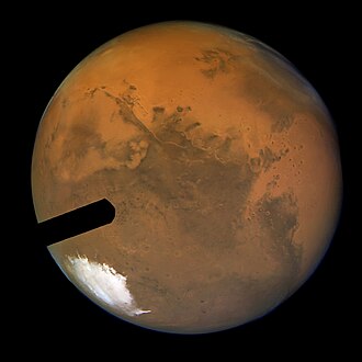 Hubble's sharpest view of Mars: Although the ACS “Fastie finger” intrudes, it achieved a spatial scale of 5 miles, or 8 kilometres per pixel at full resolution.