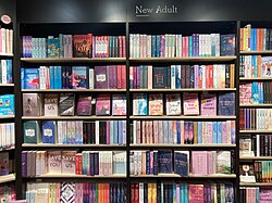 Department with new-adult books in a German bookstore (2023)