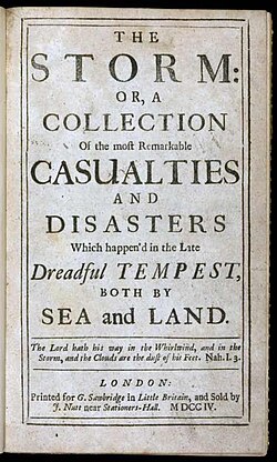 Daniel Defoe's The Storm, a report of the Great Storm of 1703 and regarded as one of the first pieces of modern journalism