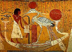 A depiction of Bennu with a sun disk on his head, from the tomb of Irynefer at Deir el-Medina