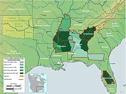 Map of the southern United States showing in dark green areas ceded by Indians.