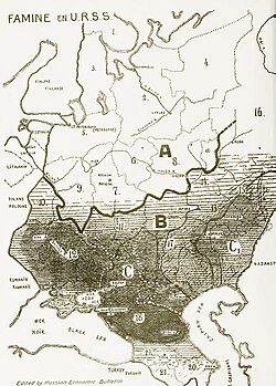 The Soviet famine of 1932–1933, with areas where the effects of famine were most severe shaded