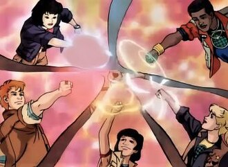 The Planeteers. Clockwise from top left: Gi, Kwame, Linka, Ma-Ti, and Wheeler.