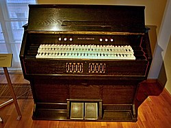 Sixth-tone harmonium (1937) designed by Hába, built by Förster firm; it features triple-reed, three manuals, two knee levers, and six registers.(exhibited at Czech Museum of Music)[5]