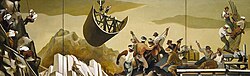 The federal government commissioned a series of public murals from the artists it employed: William Gropper's Construction of a Dam (1939) is characteristic of much of the art of the 1930s, with workers seen in heroic poses, laboring in unison to complete a great public project