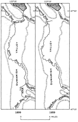 Maps showing the changes of course and nomenclature of rivers in the Duwamish Valley, 1899-1959.