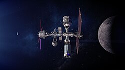 Concept art of the shelved Lunar Gateway, proposed as a communication hub, science laboratory, short-term habitation for crewed missions and holding area for rovers in Lunar orbit[60]