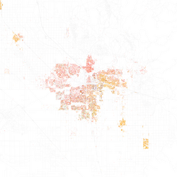 Map of racial distribution in Bakersfield, 2010 U.S. Census. Each dot is 25 people: ⬤ White ⬤ Black ⬤ Asian ⬤ Hispanic ⬤ Other