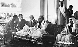 Pakistani Prime Minister Zulfikar Ali Bhutto with leaders from Algeria, Bangladesh, and Saudi Arabia in Lahore, February 1974. That year, Pakistan hosted 36 Muslim countries at the Second Islamic Summit of the Organisation of Islamic Cooperation.