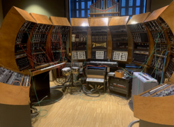 The TONTO synthesizer, built and programmed by Robert Margouleff and Malcolm Cecil, whose work and custom-built synthesizer defined the sound of Wonder's four albums between 1972 and 1974. Pictured at the National Music Centre, Canada, in 2024.