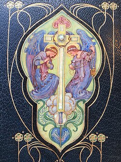 Detail of the cover of a pocket edition of the Book of Common Prayer, vellucent binding by Cedric Chivers with Art Nouveau gold tooling, hand-painted design inlaid with mother of pearl