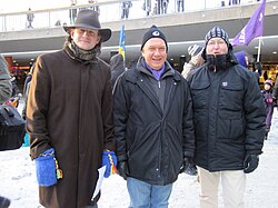 (From left to right) Carl Schlyter, Christian Engström and Mikael Gustafsson, three Swedish Members of the European Parliament opposing ACTA, on an anti-ACTA demonstration in Stockholm, 4 February 2012