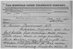 In this Western Union telegram sent on December 20, 1890, after the killing of Sitting Bull, authorities describe a "wild scene" and "squaws death chant heard in every direction."