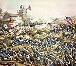 Detail from Charge of the 24th and 25th Colored Infantry and Rescue of Rough Riders at San Juan Hill, July 2, 1898, depicting the Battle of San Juan Hill