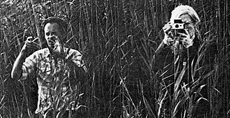 Warhol (right) with director Ulli Lommel on the set of Cocaine Cowboys (1979) at Eothen, in which Warhol made a cameo