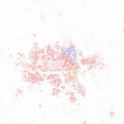 Map of racial distribution in Omaha, 2010 U.S. Census. Each dot is 25 people: ⬤ White ⬤ Black ⬤ Asian ⬤ Hispanic ⬤ Other