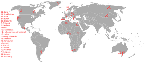 Local winds around the world. These winds are formed through the heating of land (from mountains or flat terrain)