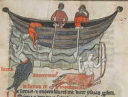 (Bottom left) fish-siren[74] of mermaid-form. (Bottom right) onocentaur Bestiary, Sloane MS. 278, fol. 47r[75]