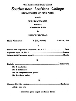 Program of Evans's graduation concert. April 24, 1950.