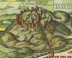 A late-16th-century depiction of the castle, from Braun & Hogenberg's Civitates orbis terrarum, showing David's Tower at the centre