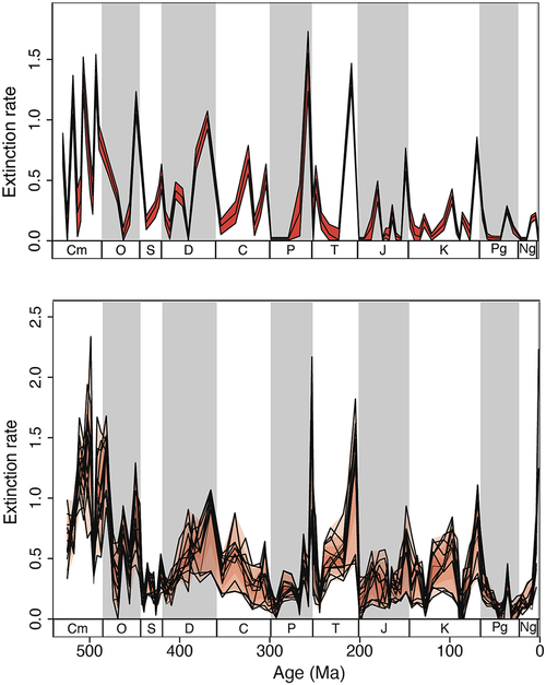 Estimated extinction rates among genera through time. From Foote (2007),[72] top, and Kocsis et al. (2019), bottom