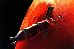 Rendezvous, an interplanetary stage and lander stage come together over Mars (artist conception)