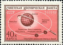 Route of Luna 1 on a Soviet stamp.