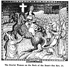 Ku Klux Klan cartoon depicting the Whore of Babylon wearing the papal tiara, 1925