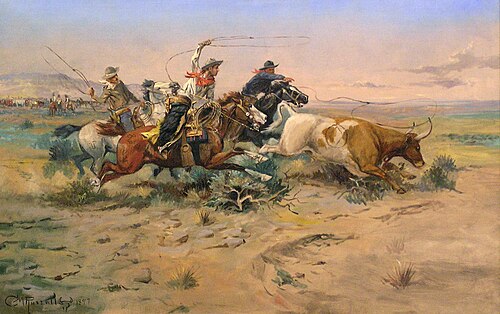 Cowboys portrayed in Western art. The Herd Quitter by C. M. Russell