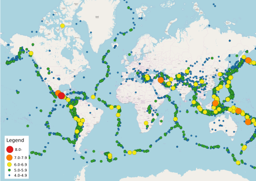 Map of earthquakes in 2017 as of December 31. A total of 12,797 earthquakes are plotted.