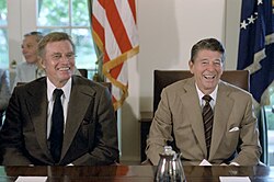 Heston with President Ronald Reagan during a meeting for the Presidential Task Force on the Arts and Humanities in the White House Cabinet Room in 1981