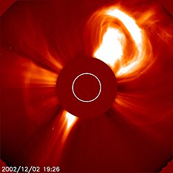 When observed in white-light coronagraph imagery, CMEs sometimes resemble a light bulb, possessing a bright bulb-like outer shell surrounding a dark void and compact inner structure.[1]