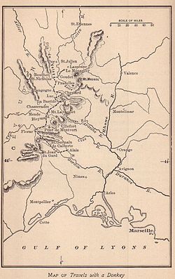 Map of Robert Louis Stevenson's walking route in the Cévennes, France, taken from Travels with a Donkey in the Cévennes (1879), a pioneering classic of outdoor literature.
