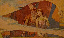 Godan and Frigg look down from their window in the heavens to the Winnili women in an illustration by Emil Doepler, 1905