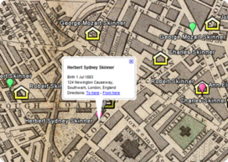 Family tree overlaid onto 19th century map of London