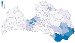 Percentage of Russian speakers in different regions of Latvia (according to the 2011 census [lv])