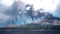 Ash plume and ash fallout at Mount Pagan, May 1994