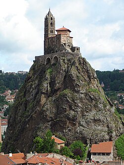 Saint Michel d'Aiguilhe chapel, on top of a volcanic plug in Le Puy-en-Velay, France.