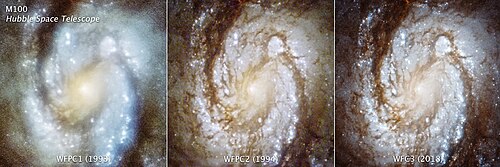 Spiral galaxy M100 as seen before corrective optics (left) and after