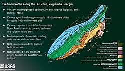 A USGS map of Piedmont rocks, their location, and general ages.