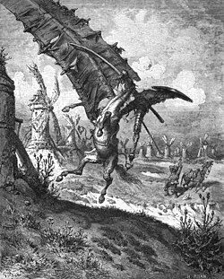 Don Quixote being struck by a windmill (1863 illustration by Gustave Doré)
